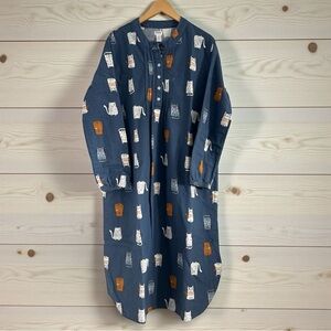 Claudel Lingerie Women's Flannel Cat’s Print Nightgown - Blue and Brown Large